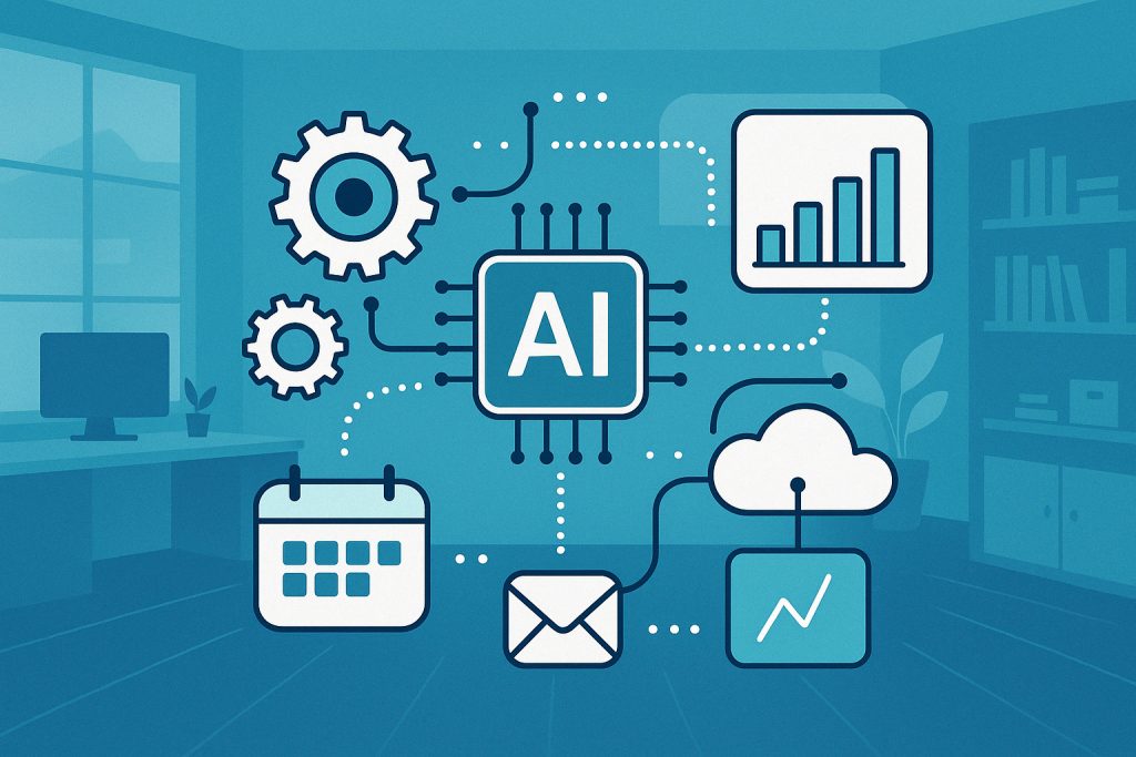 Ihr Wettbewerbsvorteil: Automatisierung und KI richtig nutzen 1 Stilisiertes digitales Büro mit KI- und Automatisierungselementen – ideal zur Veranschaulichung effizienter Prozesse in der digitalen Transformation.